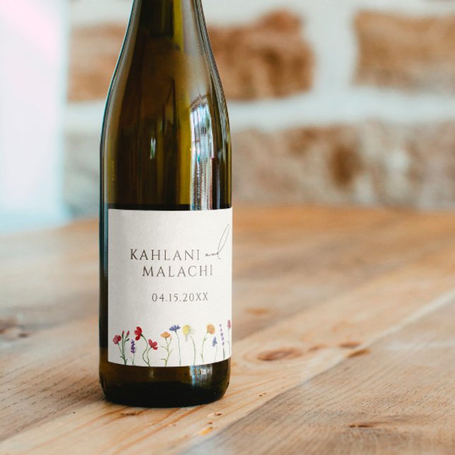 Vibrant Colourful Wildflower Modern Wedding Wine Label (Creator Uploaded)