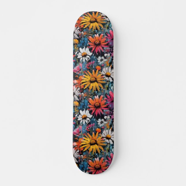 Vibrant Colourful Wildflower Print Skateboard (Front)