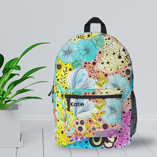 Vibrant Cool Whimsical Floral Hand-drawn Doodles Printed Backpack (Creator Uploaded)