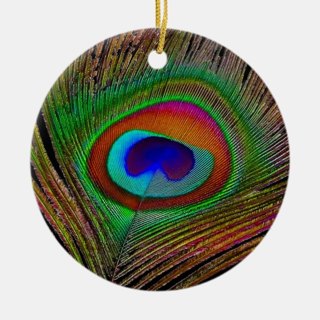 Vibrant Copper Peacock Feather Ceramic Tree Decoration (Front)