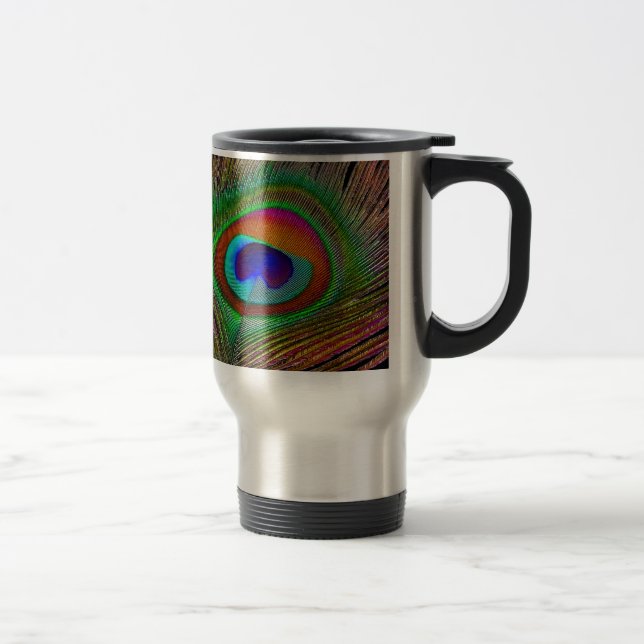 Vibrant Copper Peacock Feather Travel Mug (Right)