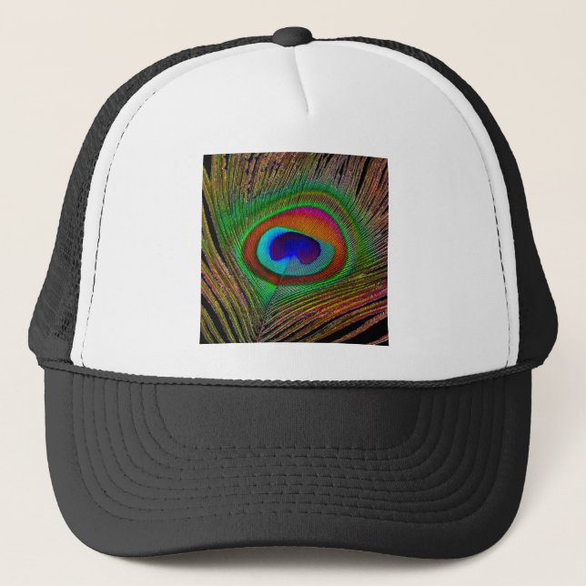 Vibrant Copper Peacock Feather Trucker Hat (Front)
