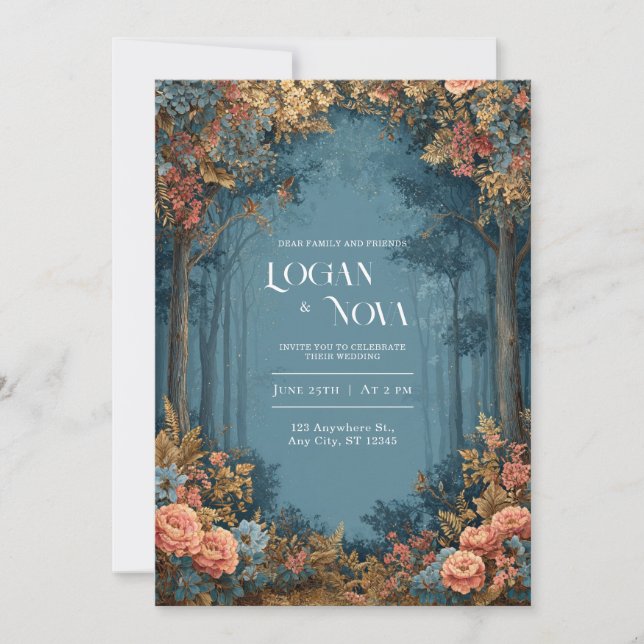 Vibrant Coral and Teal Enchanted Forest Wedding Invitation (Front)