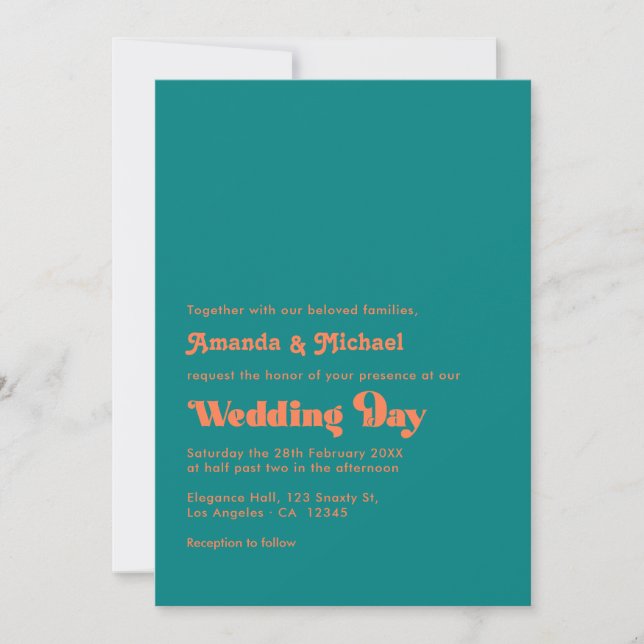 Vibrant Coral and Teal Retro Typography Wedding Invitation (Front)