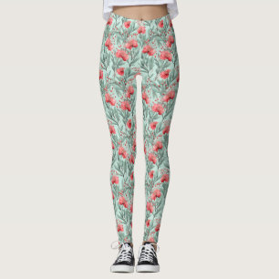 Vibrant Coral Eucalyptus Blossom Leggings