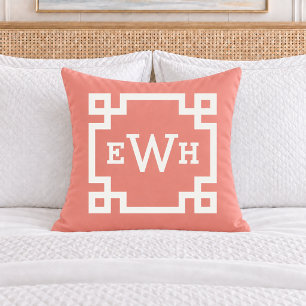 Vibrant Coral Greek Key Monogram Initial Cushion