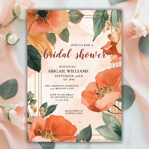 Vibrant Coral Peach and Green Floral Bridal Shower Invitation