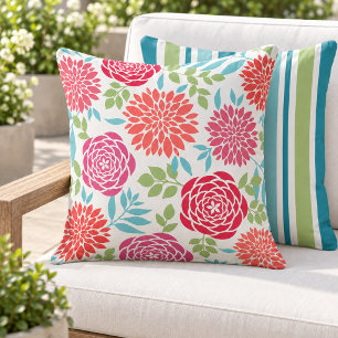 Vibrant Coral Pink Dahlia Rose Floral Cushion