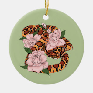 Vibrant Corn Snake Pink Peony Flowers Green Ceramic Tree Decoration