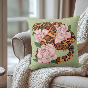 Vibrant Corn Snake Pink Peony Flowers Green Cushion