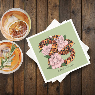 Vibrant Corn Snake Pink Peony Flowers Green Napkin