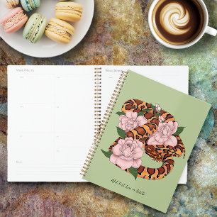 Vibrant Corn Snake Pink Peony Flowers Green Planner