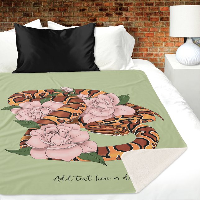 Vibrant Corn Snake Pink Peony Flowers Green Sherpa Blanket (Creator Uploaded)