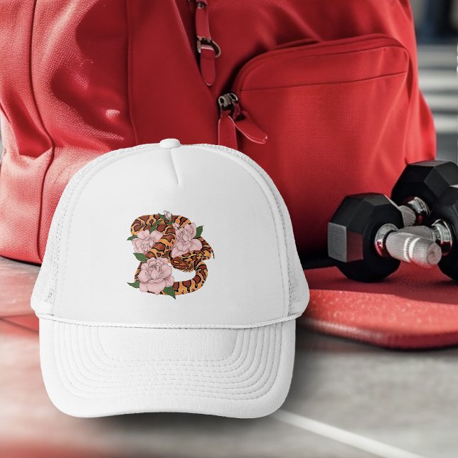 Vibrant Corn Snake Pink Peony Flowers Green Trucker Hat (Creator Uploaded)