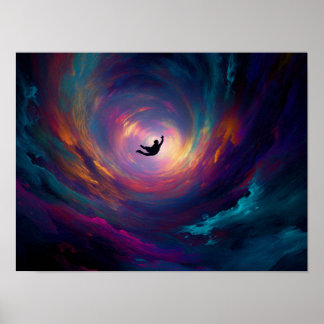 Vibrant Cosmic Vortex with Falling Silhouette Art Poster
