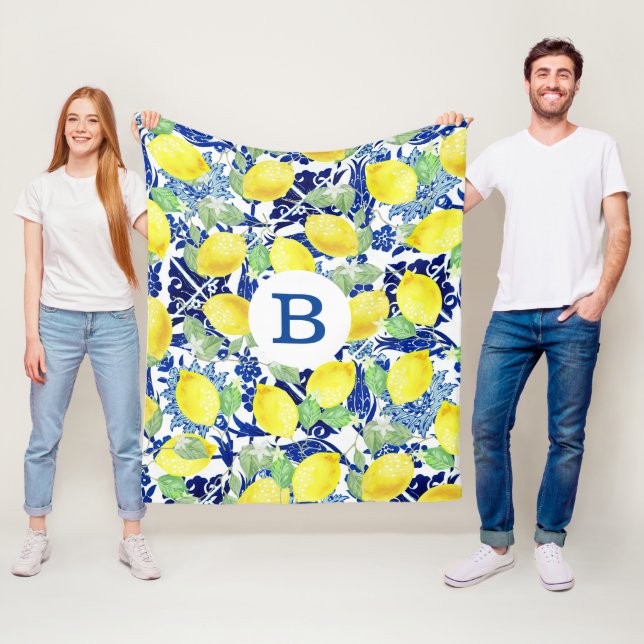 Vibrant Country Lemons & Blue Floral | Monogram Fleece Blanket (In Situ)