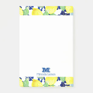 Vibrant Country Lemons & Blue Floral   Monogram Post-it Notes
