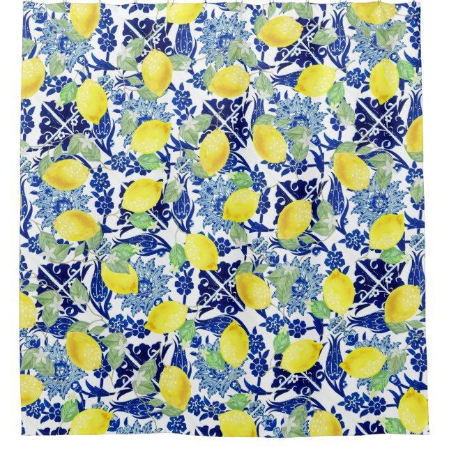 Vibrant Country Lemons & Blue Floral Tile Shower Curtain (Front)