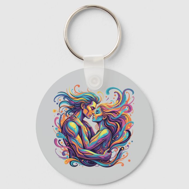 Vibrant Couple Embrace Psychedelic Flowing Art Key Ring (Front)