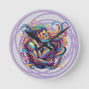 Vibrant Couple Embrace Psychedelic Flowing Art Round Clock