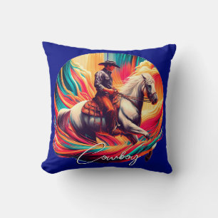 Vibrant Cowboy and Horse Blue Cushion