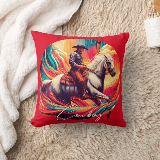 Vibrant Cowboy and Horse Burnt Orange Cushion (Blanket)