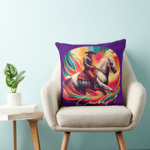 Vibrant Cowboy and Horse Purple Cushion