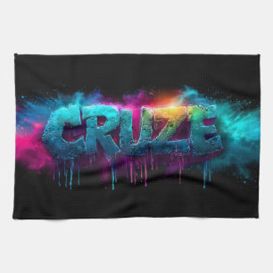 Vibrant "Cruze" Logo with Colorful Powder Tea Towel