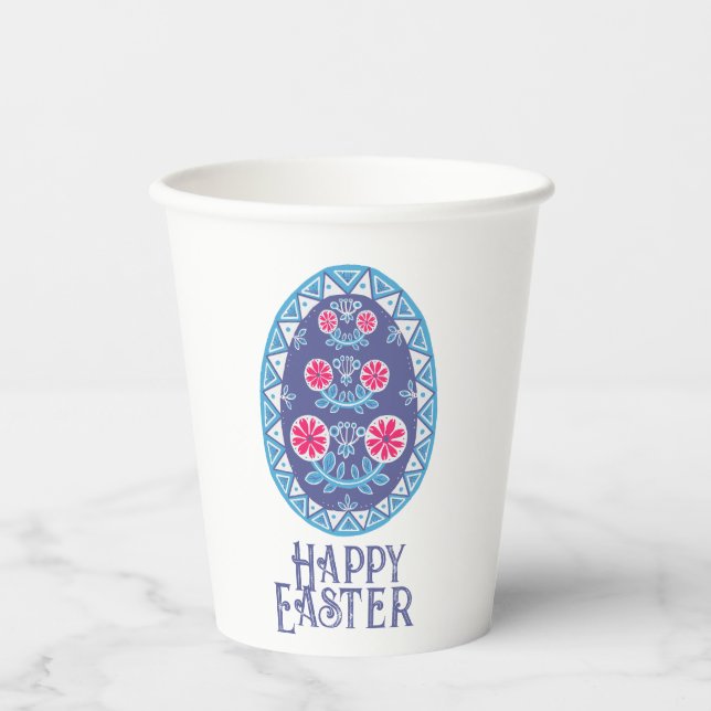 Vibrant Cultural Accent Blue Ukrainian Pysanka Egg Paper Cups (Front)