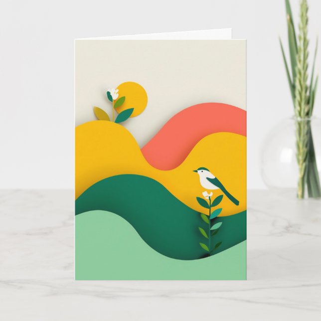 Vibrant Cut-Paper Bird Bloom Card (Front)