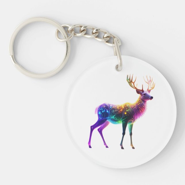 Vibrant Cute Glowing Neon Deer Art Key Ring (Front)