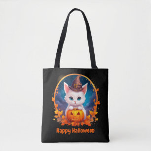Vibrant cute kitten halloween tote bag