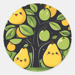Vibrant Cute Pear Fruit And Tree Classic Round Sticker