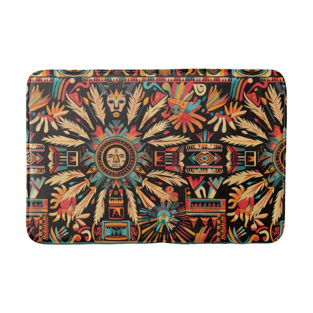 Vibrant Cyan "Aztec Dream" Pattern Plush Bath Mat (Front)