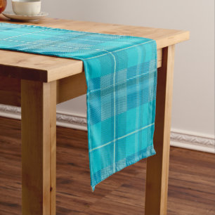 Vibrant Cyan Electric Blue Plaid Aesthetic Short Table Runner