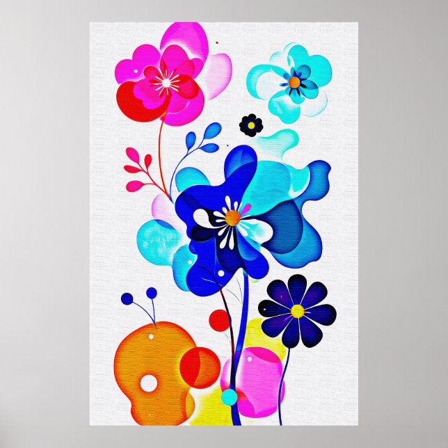 Vibrant Cyan Magenta Abstract Fluid Flowers Poster (Front)