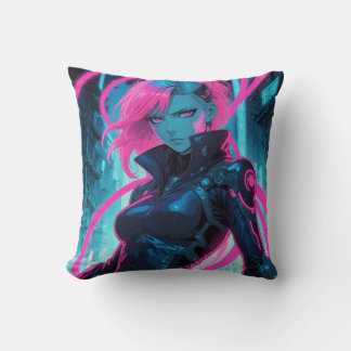 Vibrant Cyber Anime Girl Cushion