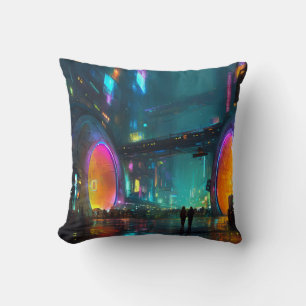 Vibrant Cyberpunk Cityscape with Arches Cushion