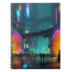 Vibrant Cyberpunk Cityscape with Arches Notebook