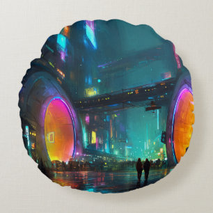 Vibrant Cyberpunk Cityscape with Arches Round Cushion