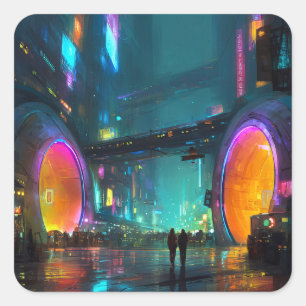 Vibrant Cyberpunk Cityscape with Arches Square Sticker