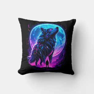 Vibrant Cyberpunk Neon Wolf Cushion