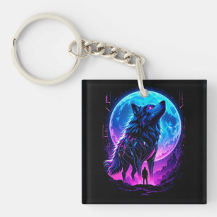 Vibrant Cyberpunk Neon Wolf Key Ring