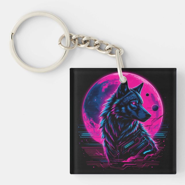 Vibrant Cyberpunk Neon Wolf Key Ring (Front)