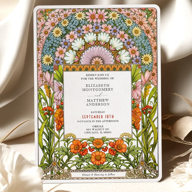 Vibrant Daisy & Orange Blossom Art Nouveau Wedding Invitation (Creator Uploaded)