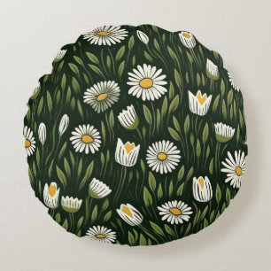 Vibrant Daisy Pattern with Lush Green Accents Round Cushion