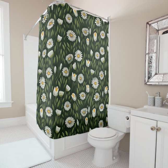 Vibrant Daisy Pattern with Lush Green Accents Shower Curtain (In Situ)