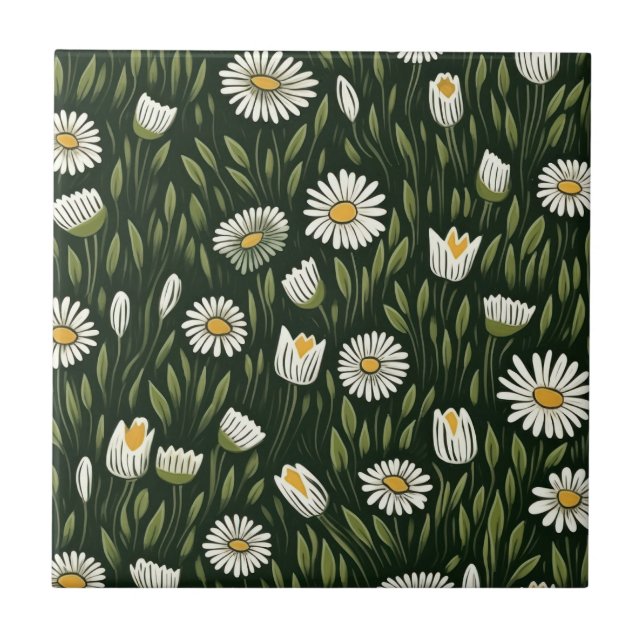 Vibrant Daisy Pattern with Lush Green Accents Tile (Front)