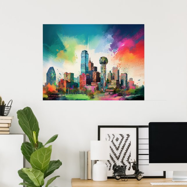 Vibrant Dallas Skyline Graffiti Art Poster (Home Office)