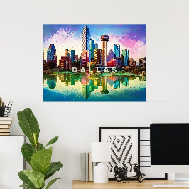 Vibrant Dallas Skyline Graffiti Art Poster (Home Office)